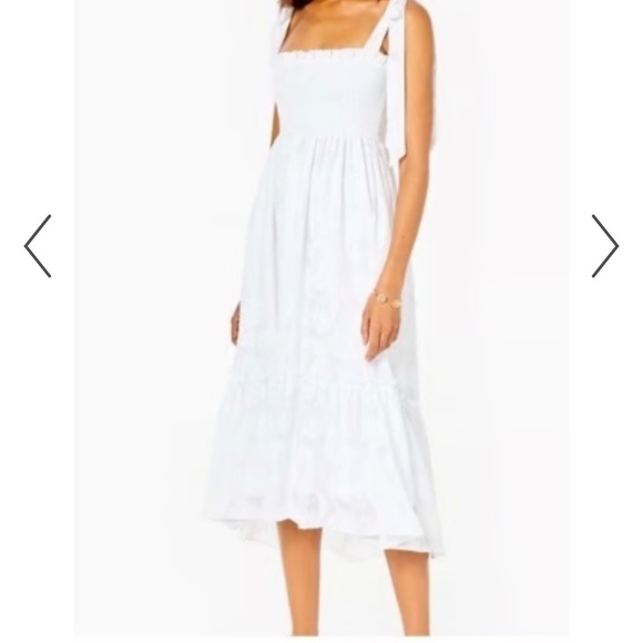 Lilly Pulitzer White Rivera Midi Dress Smocked White Tie Shoulder size Small - Picture 2 of 8